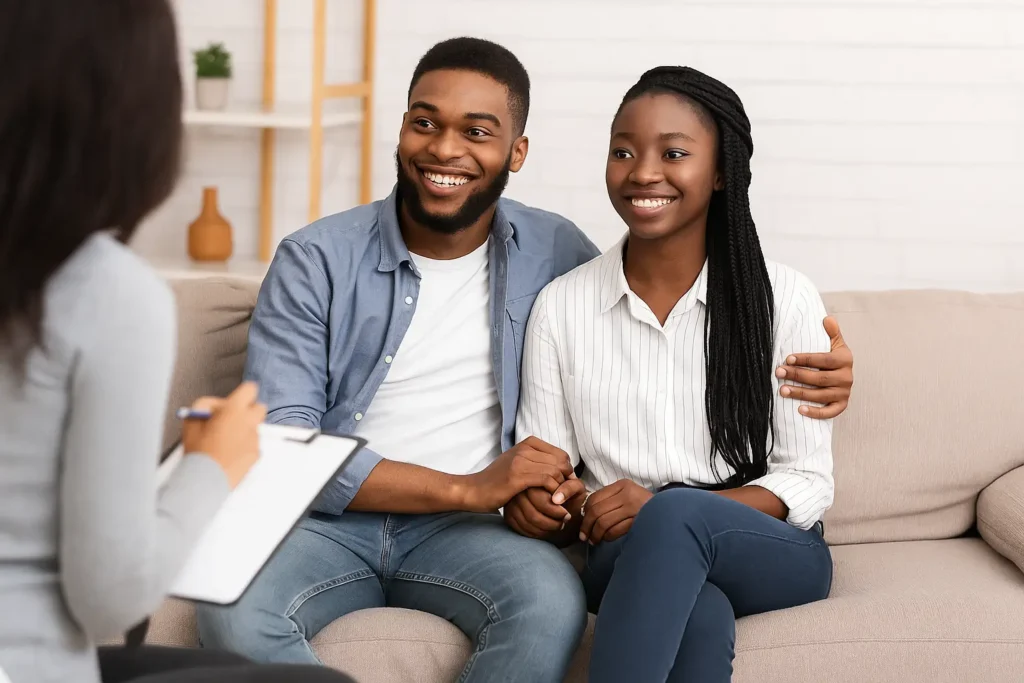 miling couple holding hands during a therapy session with a counsellor, illustrating a positive moment in marriage counselling. Ideal for articles or websites related to “Marriage Counselling Near Me.”