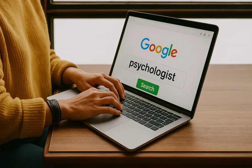 Person searching for psychologist near me on Google using a laptop